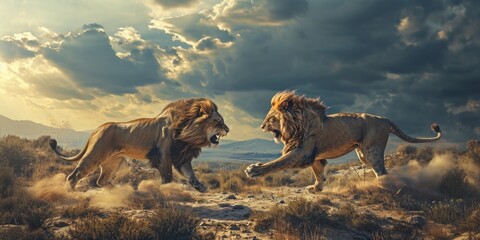 two lions fighting against each other at sunset