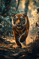 Wall Mural - Close up Siberian Tiger walking on road through dark forest