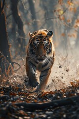 Wall Mural - Amur tiger walking in the water. Dangerous animal, taiga, Russia. Animal in green forest stream.