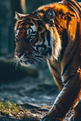 Wall Mural - A Malaysian tiger in a rainforest under the sun, soft focus background