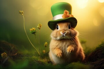 Cute saint patricks day rabbit with an elegant hat. Generative AI