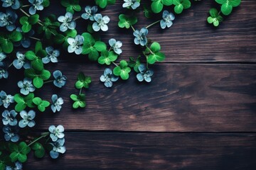 Wall Mural - Wooden background with clover leaves, setting the tone for St. Patrick's festivities. Copy space with text. Generative AI