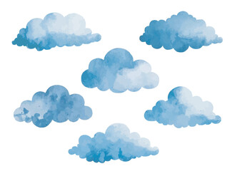 a watercolor cloud set design in a soft blue color illustration. dark rainy clouds collection vector