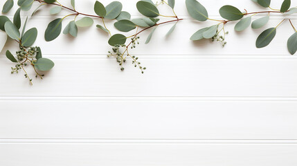 Wall Mural - eucalyptus branches and leaves on wooden rustic white background