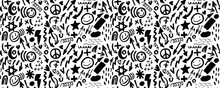 Seamless Abstract Geometric Doodle Pattern Fashion 80-90s. Wavy And Curly Lines, Dry Brush Stroke Textured Shapes. Zig Zag, Swirls And Dots.  For Used In Printing, Website Background And Fabric Design