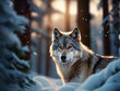 The wolf is standing in the forest. amid the snow