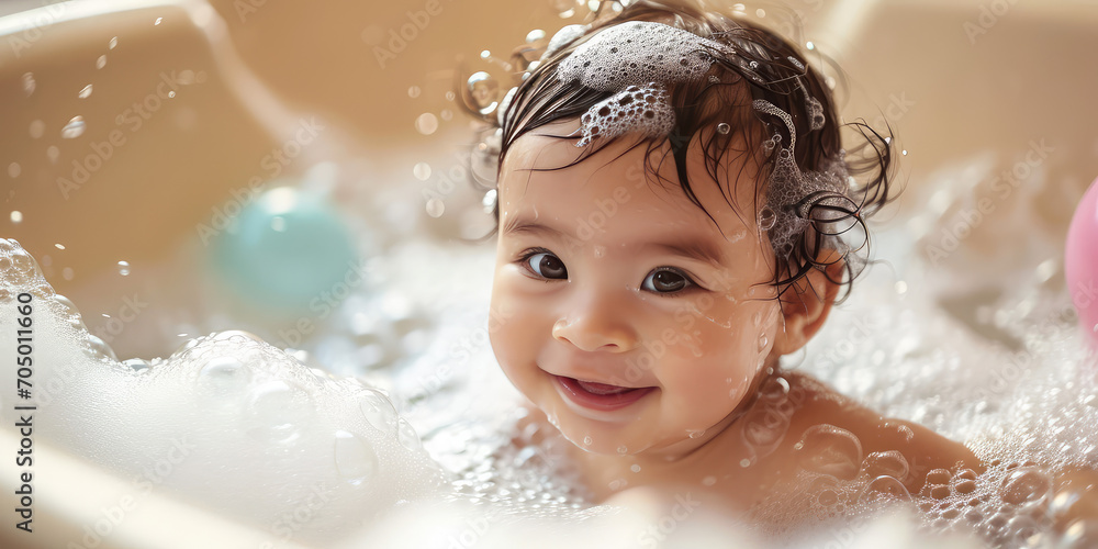 Asian Baby smile and bath in a bubble bath with soapy bubbles. Joyful ...