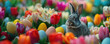 A captivating arrangement of tulips in dazzling, uncommon colors and types, encircled by a variety of charming Easter eggs, with an adorable, fluffy bunny sitting amidst the vibrant floral display