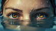 Female brown eyes peering out of the clear water. Creative concept of moisturizing eye drops, cosmetics with moisturizing effect, artesian water.