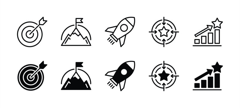 mission icon set. contains goal, objective, target arrow, success, rocket, achievement, mountain sum