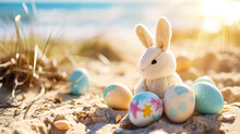 Cute Rabbit Toy And Colorful Painted Easter Eggs At The Beach Under Sunshine. Generative AI