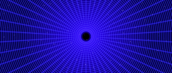 Wall Mural - Dark blue glowing wireframe tunnel. Neon wormhole in deep space with stars. Grid tunnel in perspective. Funnel or portal illusion. Circular mesh structure tube. Vector optical illusion illustration