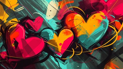 Wall Mural - vibrant graffiti style hearts overlapped with freestyle lines and shines. generative ai