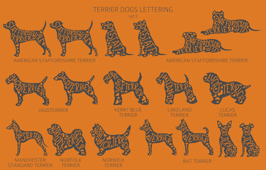 Wall Mural - Dog breeds silhouettes with lettering, simple style clipart. Hunting dogs, Terrier dogs collection