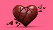 Minimalistic romantic banner, broken chocolate heart on isolated pink background. Copy space for text. For Valentine day, banner, design, print, card, poster, flyer, advertising, wallpaper, interior