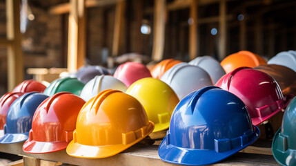 Multi-coloured Safety Construction Worker Hats at Construction site.