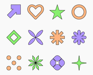 Wall Mural - set of retro symbols, shapes and signs in y2k aesthetic, abstract icons, web buttons, decorative des