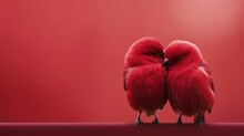 Minimalist Valentine's Day Concept: Two Red Love Birds On Red Background Modern Minimalism, Valentines Day Wallpaper Banner, 14th February Relationship Couple Romantic Card