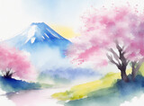 Fototapeta Sport - 水彩富士山と桜の日本の春の風景
