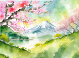 Fototapeta Sport - 水彩富士山と桜の日本の春の風景
