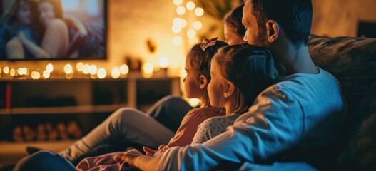 Wall Mural - Family movie night at home with children enjoying. Family bonding.