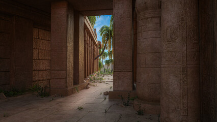 Aufkleber - Ancient Egyptian temple building with decorated stone columns. Blue sky and palm trees are visible through an open door. 3D illustration.