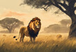 lion in the sunset, lion in the savannah, illustrative painting, digital art style