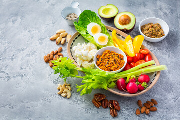 Poster - Assorted raw snack vegetables with dip sauce, healthy fresh food platter