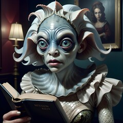 Wall Mural - Photorealism an anthropomorphic lady fishface hybrid creature holding a bible extremely realistic