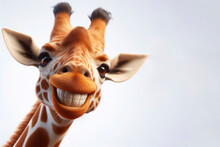 Photorealistic Mid Portrait Of A Giraffe With A Big Teeth Smile And Huge Eyes On A White Background. Ai Generative