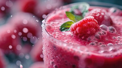 Wall Mural - Close up of fresh fruits and berries smoothie in a glass. Healthy food concept background, banner