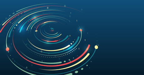 Aufkleber - Large data stream on a dark background, glowing lines and circles. Data set analysis and visualization. Artificial intelligence, business analytics. An array of information in the form of a disk.