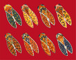 collection d'illustrations d'insectes et cigales avec motifs colorés dans un style provencal 