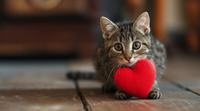 Cute Cat Holding A Red Heart Between His Paws. Copy Space.