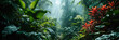Lush tropical rainforest bathed in beams of sunlight, highlighting the diversity of green foliage and red tropical plants
