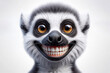 photorealistic portrait of a lemur with a big teeth smile and huge eyes on a white background. ai generative