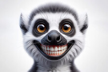 Photorealistic Portrait Of A Lemur With A Big Teeth Smile And Huge Eyes On A White Background. Ai Generative