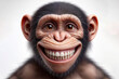 photorealistic portrait of a monkey with a big teeth smile and huge eyes on a white background. ai generative