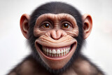 photorealistic portrait of a monkey with a big teeth smile and huge eyes on a white background. ai generative