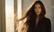 © MaryAnn - portrait of a caucasian woman/model with long dark brown hair in a healthy hair care beauty editorial advertisement magazine style film look for hair salon treatment with natural light and copy space