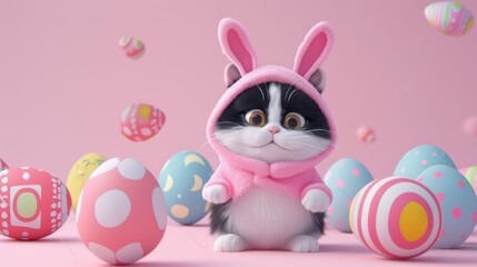 cartoon cute kitten in a pink cap with bunny ears on a background of easter eggs, banner, poster