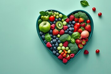 Wall Mural - Heartfelt nutrition. Assortment of fresh organic fruits and vegetables arranged in shape of heart promoting healthy lifestyle and nutrient rich diet for wellness enthusiasts