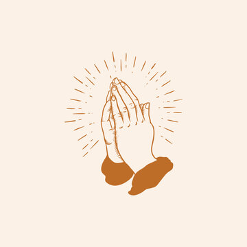 Vector illustration of hands praying for God. hand drawing of jesus - black and gold vector