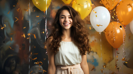 Cute and beautiful young teen girl with curly hair, birthday party celebration, smiling and looking at the camera. Standing in front of the colorful balloons, confetti falling, pretty smiling female