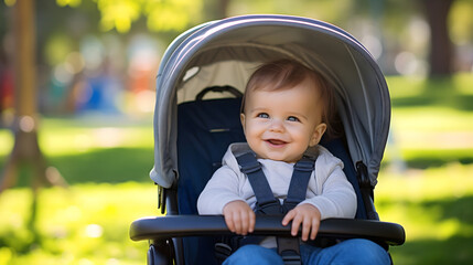 Cute toddler newborn, male boy child or kid smiling in the stroller baby carriage, in sunny nature park in a pram pushchair outdoors. Summer or spring season, infant in perambulator