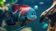 Flowerhorn Cichlid Colorful fish swimming in Aquarium deep blue freshwater fish tank. Flower horn fishes are ornamental fish that symbolizes the luck of feng shui in the home of the Asian people 