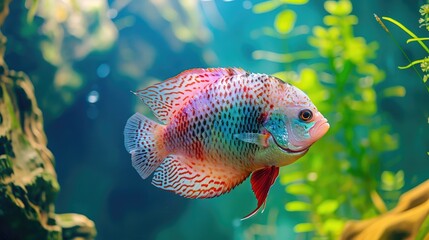 Wall Mural - Flowerhorn Cichlid Colorful fish swimming in Aquarium deep blue freshwater fish tank. Flower horn fishes are ornamental fish that symbolizes the luck of feng shui in the home of the Asian people 