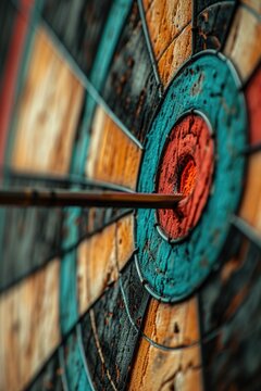 a close-up view of a dart perfectly hitting the bullseye target. ideal for illustrating precision, a