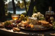 Cheese board in a picnic in a park in Rome, with historical monuments around., generative IA