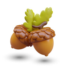 Realistic brown acorns with green leaves. Oak nut. Autumn forest harvest. Oaknuts with textured caps. Hello autumn concept. Isolated vector composition on white background
